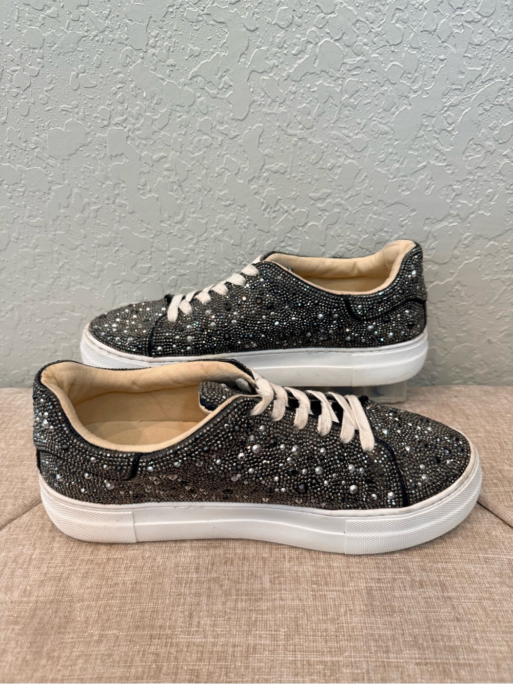 Betsey Johnson Black Rhinestone & Pearl Embellished Platform Sneakers